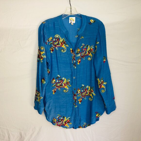 Anthropologie Fig & Flower Women's Size Small Blue Floral Embroidered Blouse Top - Picture 1 of 5
